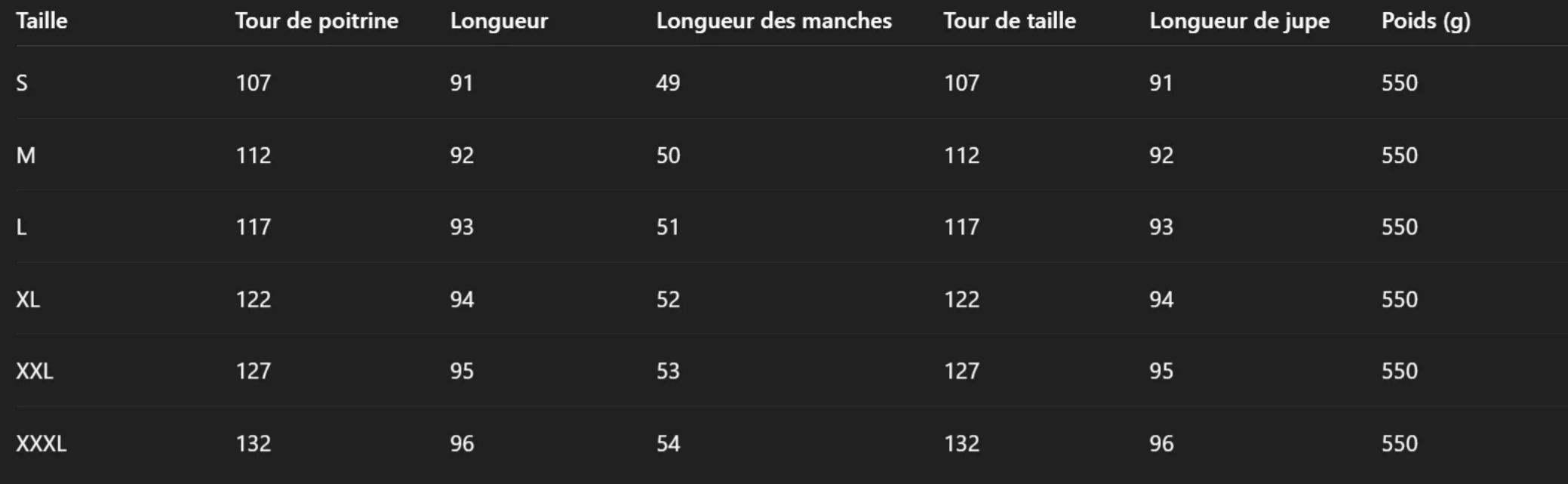 Size chart